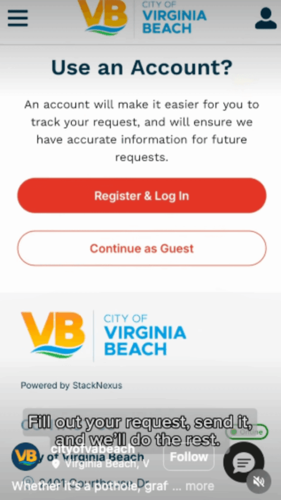 An Instagram reel from the City of Virginia Beach explaining how to use their service portal to report potholes, graffiti and more.
