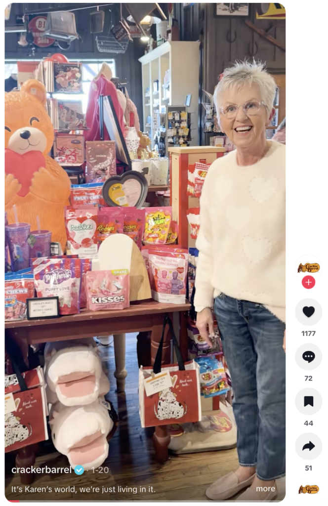 A TikTok video from Cracker Barrel featuring Karen, a buyer at the brand, explaining what goes into selecting the iconic items they feature in their restaurant stores
