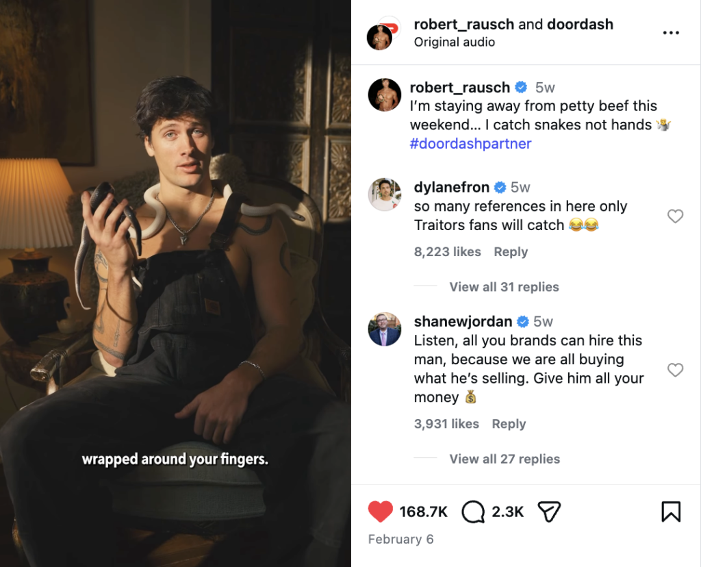 A highly-produced Instagram Reel from Rob Rausch and Door Dash where Rob explains how to catch snakes