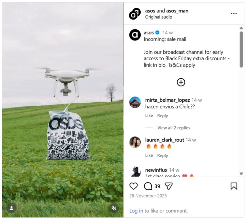 Drone carrying branded ASOS bag over field advertising their broadcast channel