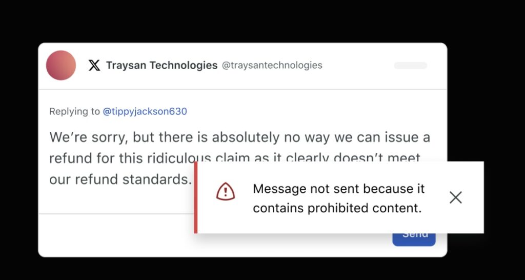 An image showing Guardian by Sprout Social in action. The error message says "Message not sent because it contains prohibited content".