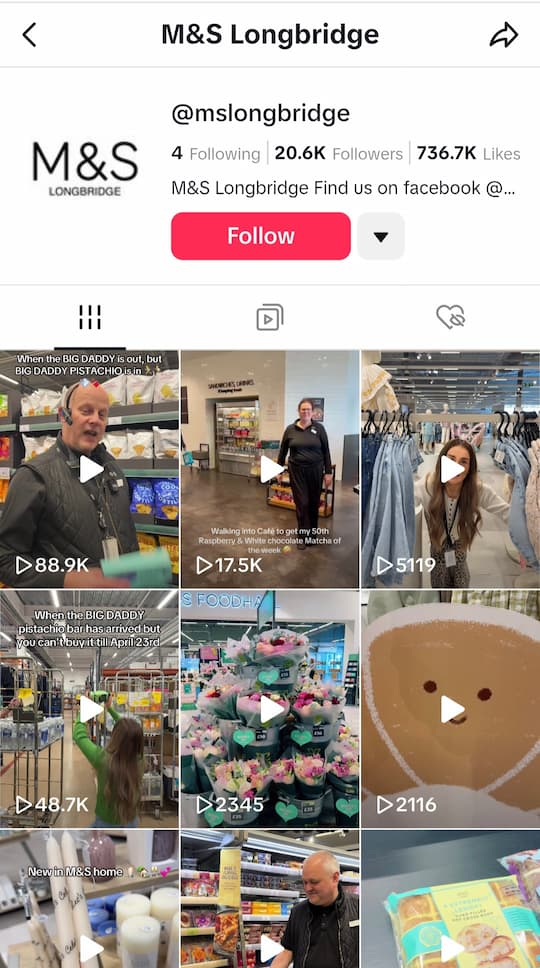 M&S Foodhall Longbridge Insta grid with a range of images including employee influencers