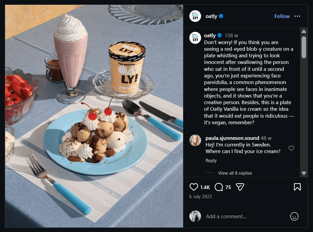 Oatly’s Instagram post with a static image of Oatly ice cream served in a milkshake and dinner plate.