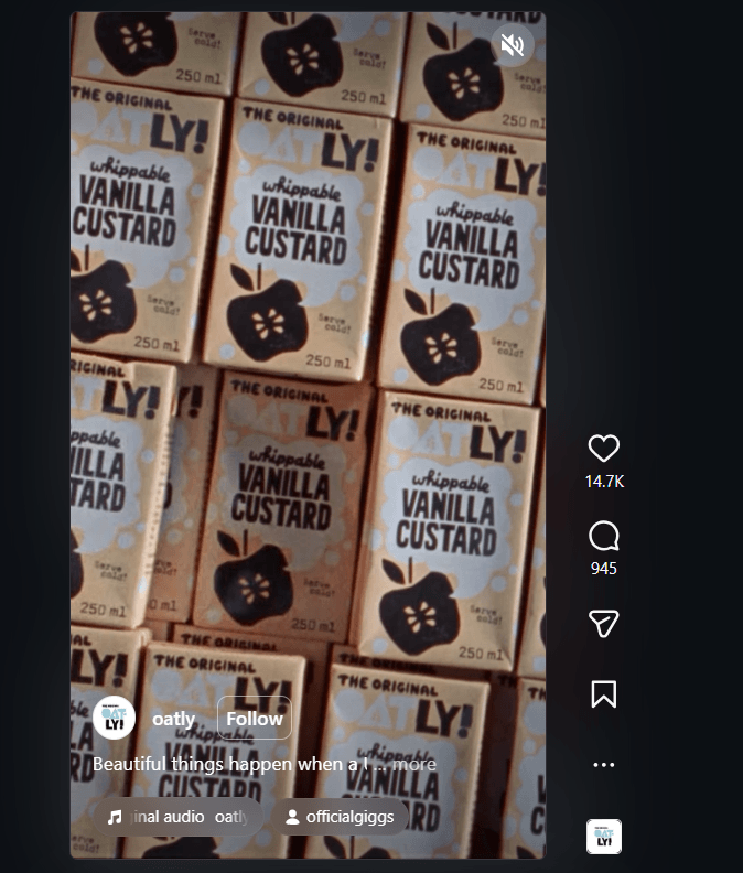 Oatly’s Instagram collaboration with UK artist Giggs, featuring a video of Oatly's Vanilla Custard boxes