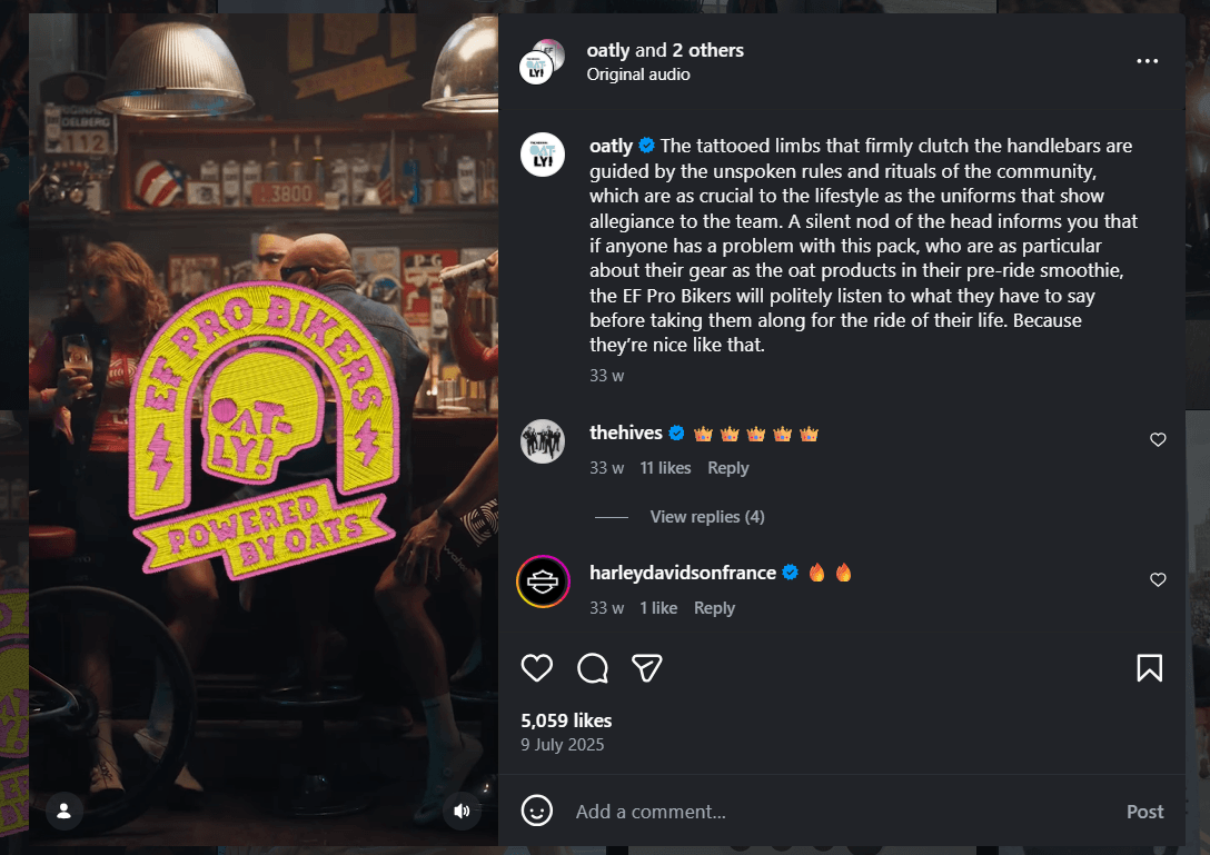 Oatly’s Instagram collaboration with EF Pro Bikers with a reel featuring members of the ER Pro Bikers community