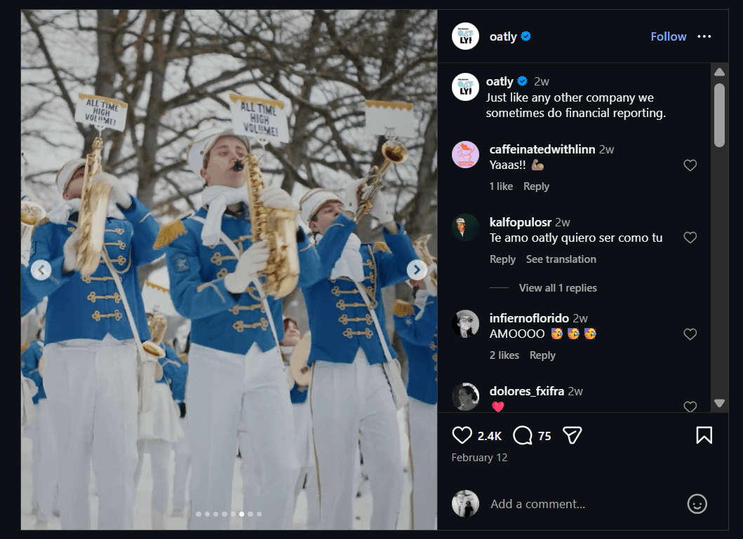 Oatly’s Instagram content showcasing its distinct brand voice 