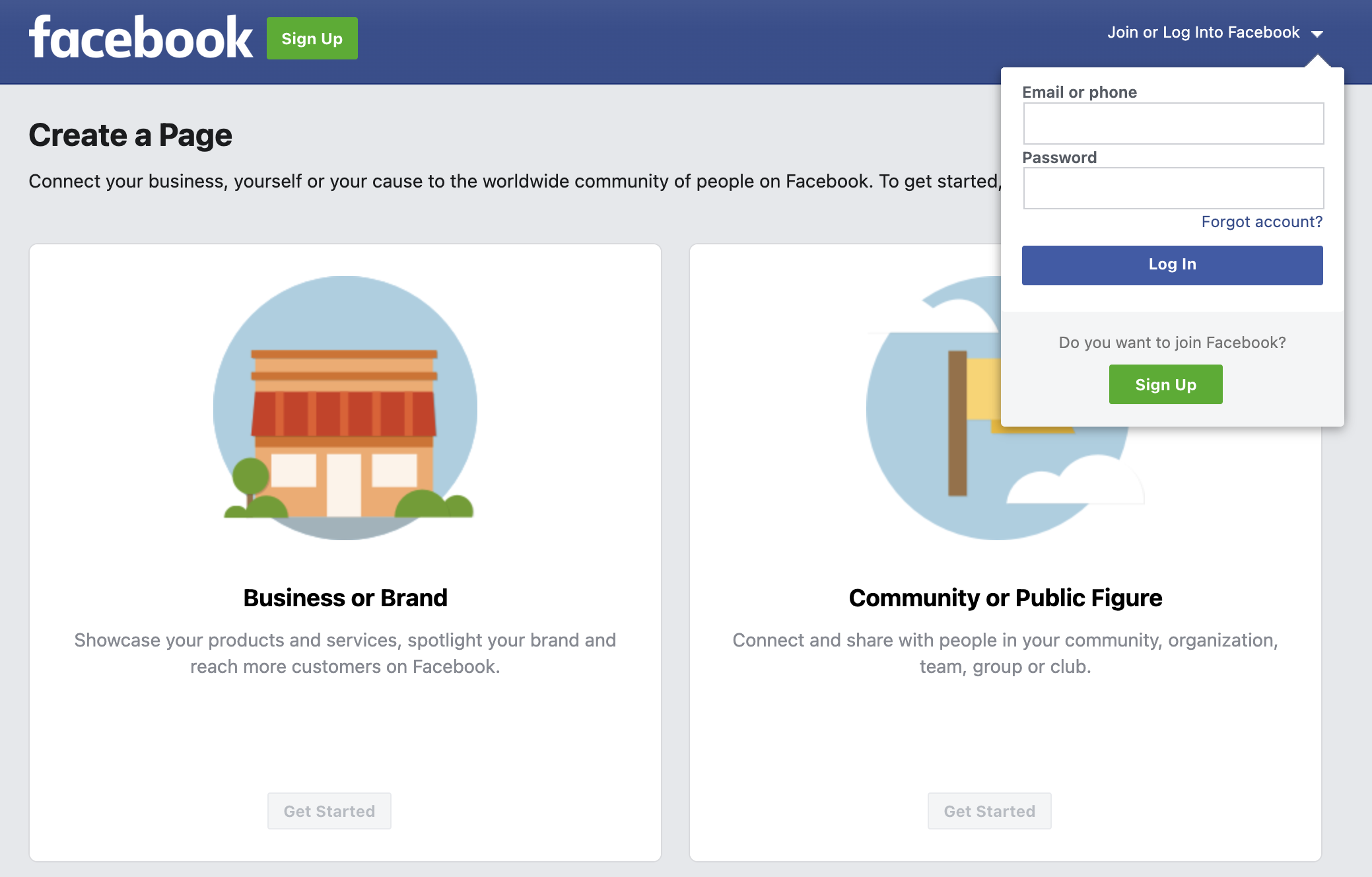 Facebook business page screenshot of 'create a page'