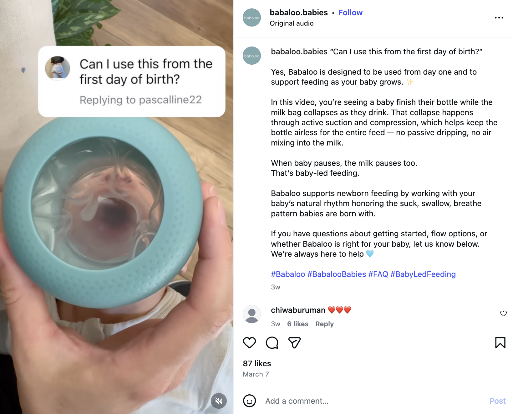 An example of Babaloo Babies following the Instagram trend of responding to a comment in a Reel.