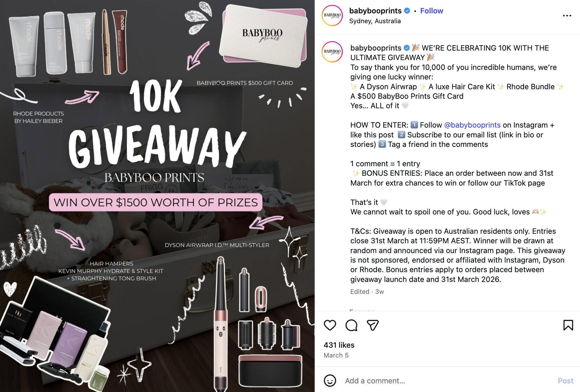 An example of an Instagram giveaway from Babyboo Prints.