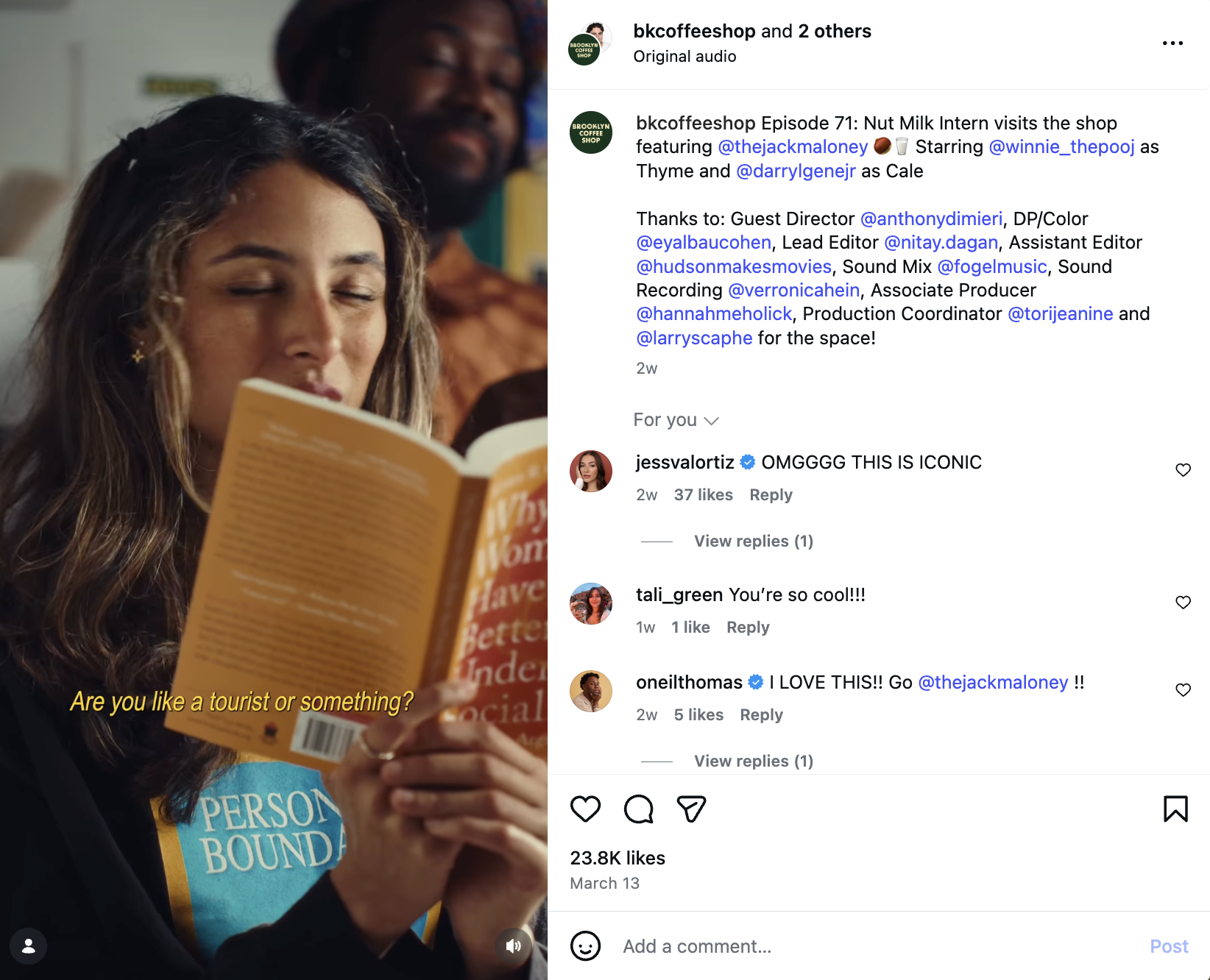 An example of an episodic content series on Instagram from Brooklyn Coffee Shop.