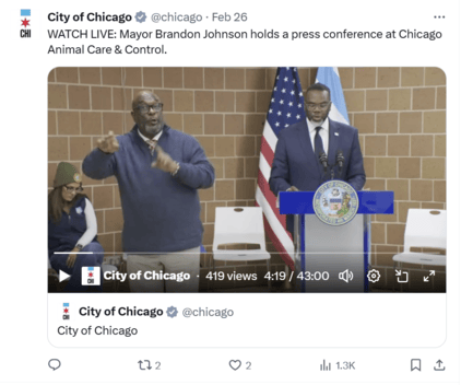 An X post from the City of Chicago livestreaming a speech by Mayor Brandon Johnson.
