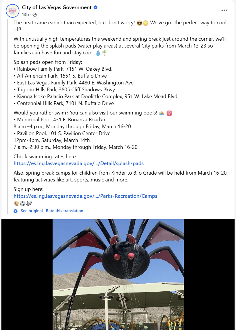 A Facebook post from the City of Las Vegas Government advising residents of a heat wave and services to stay cool.