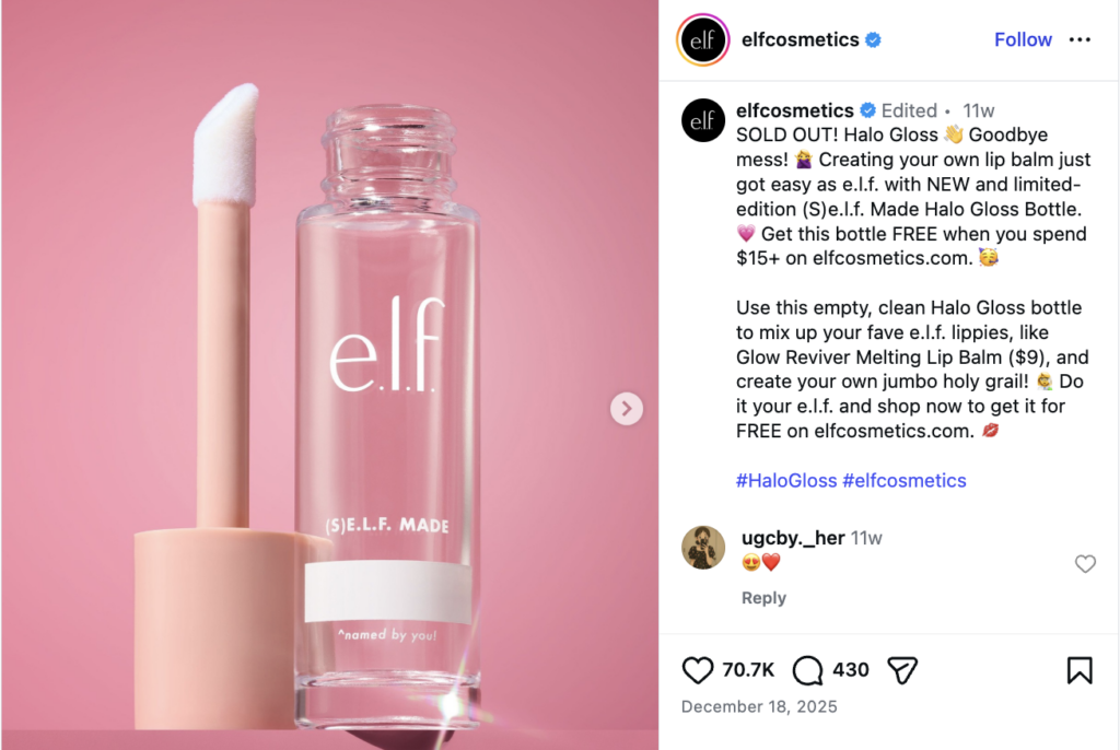An Instagram Carousel from e.l.f. showcasing their s.e.l.f. made DIY lipgloss product