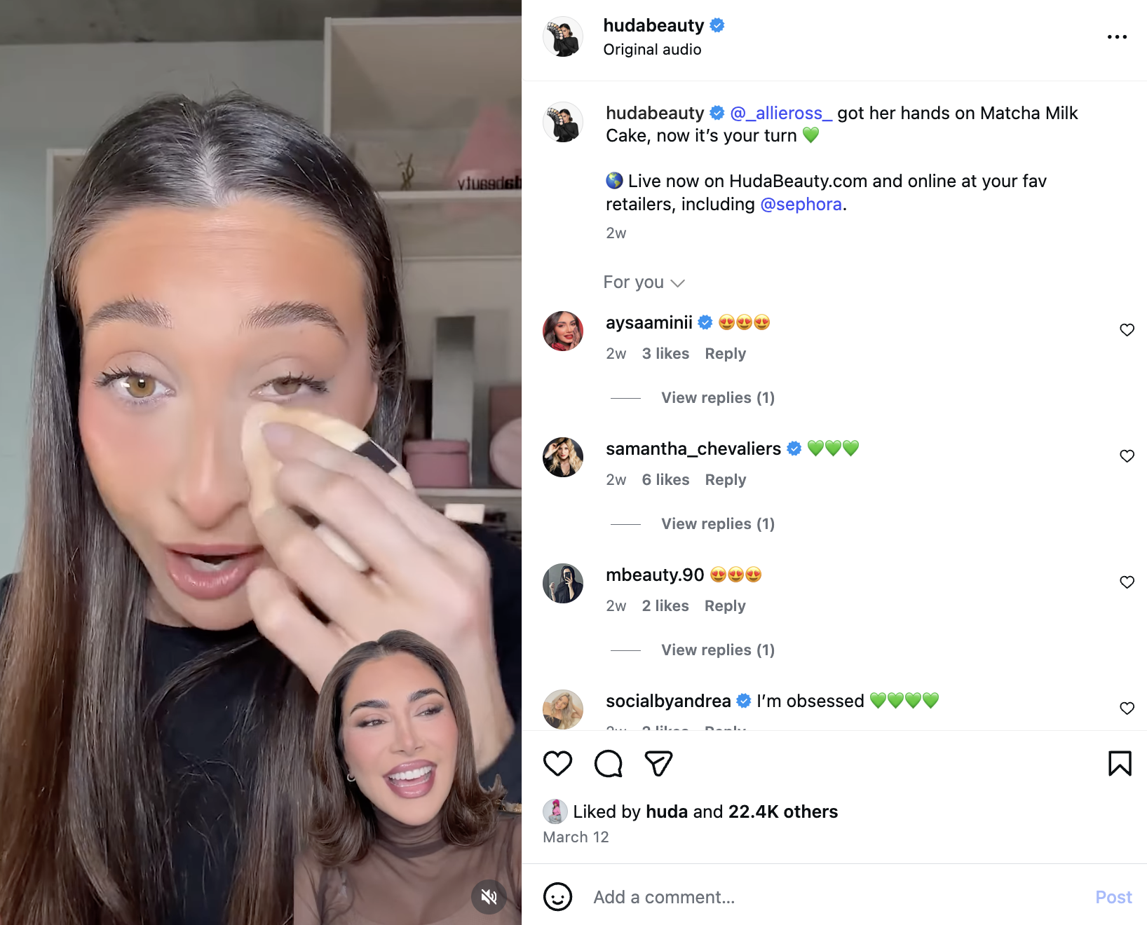 An example of a talking-head reaction video on Instagram from Huda Beauty.