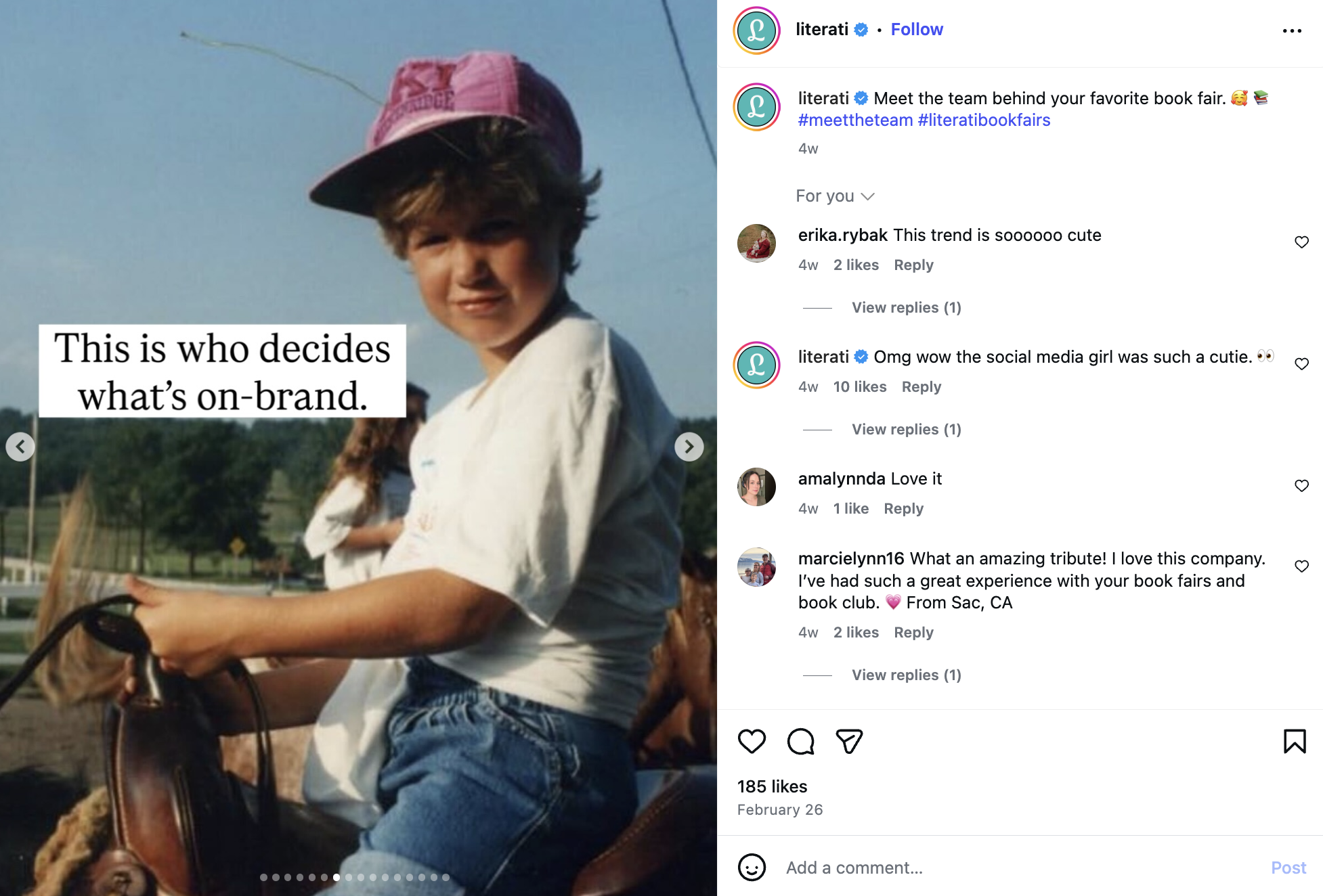 An example of Literati following the nostalgia marketing Instagram trend of sharing childhood photos of their team.