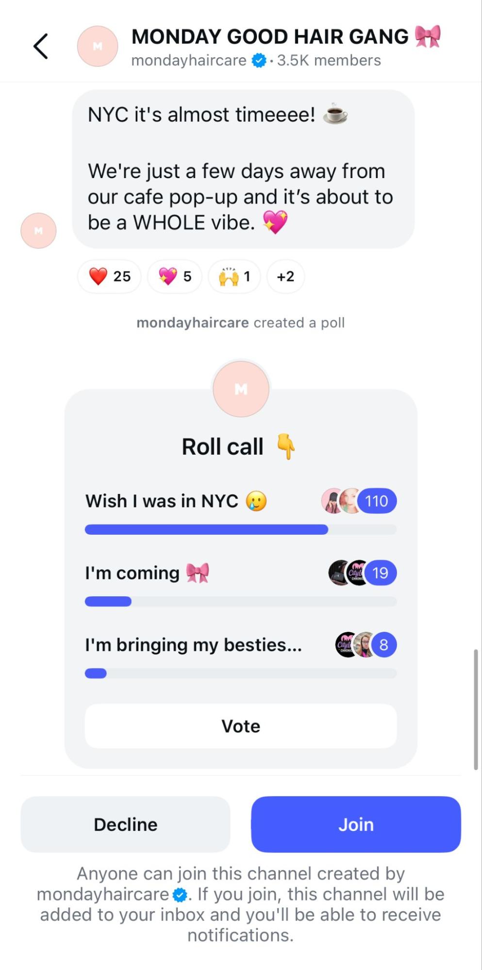 MONDAY haircare using their Instagram broadcast channel as a brand community.