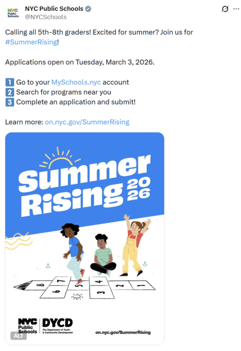 An X post from NYX Public Schools promoting its free Summer Rising program.