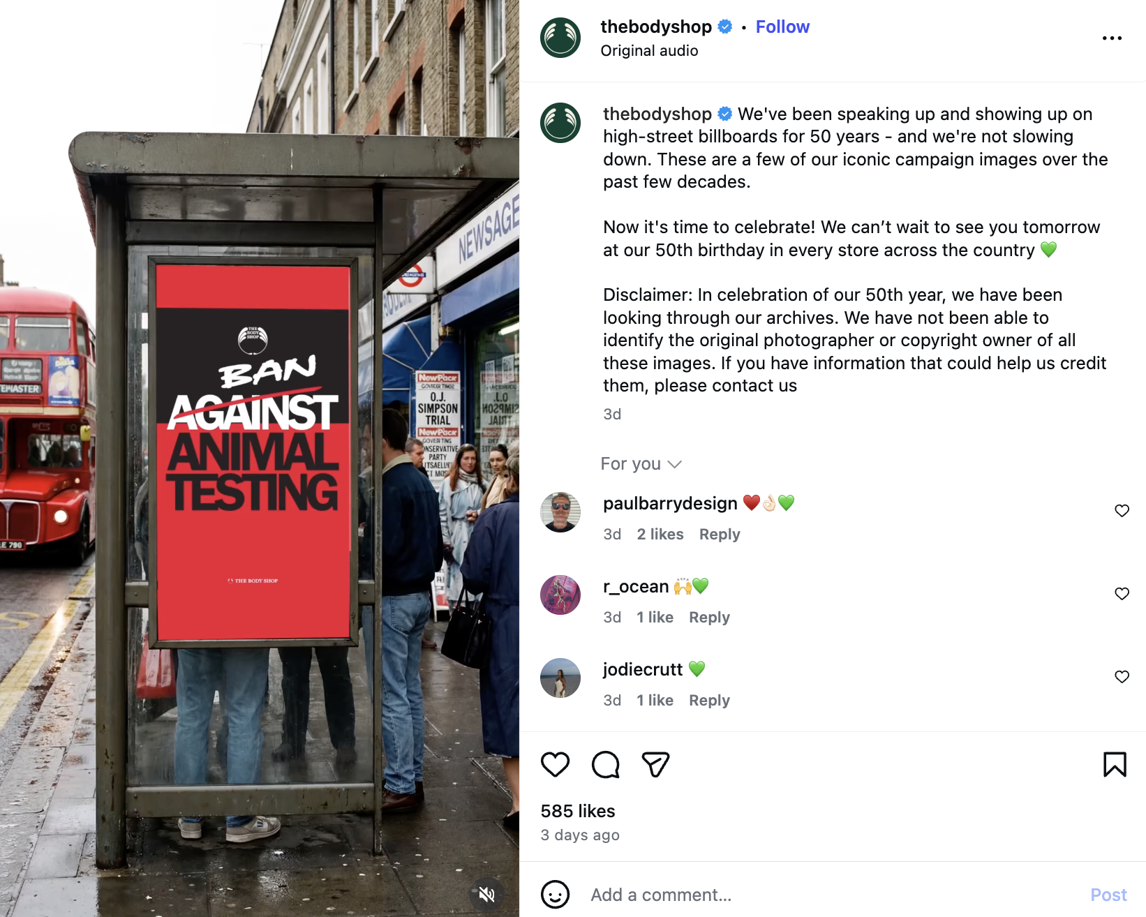 An example of an Instagram post showing The Body Shop's support for a social cause.