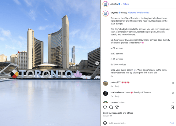 An Instagram video from the City of Toronto belonging to its “Toronto Trivia Tuesday” series.
