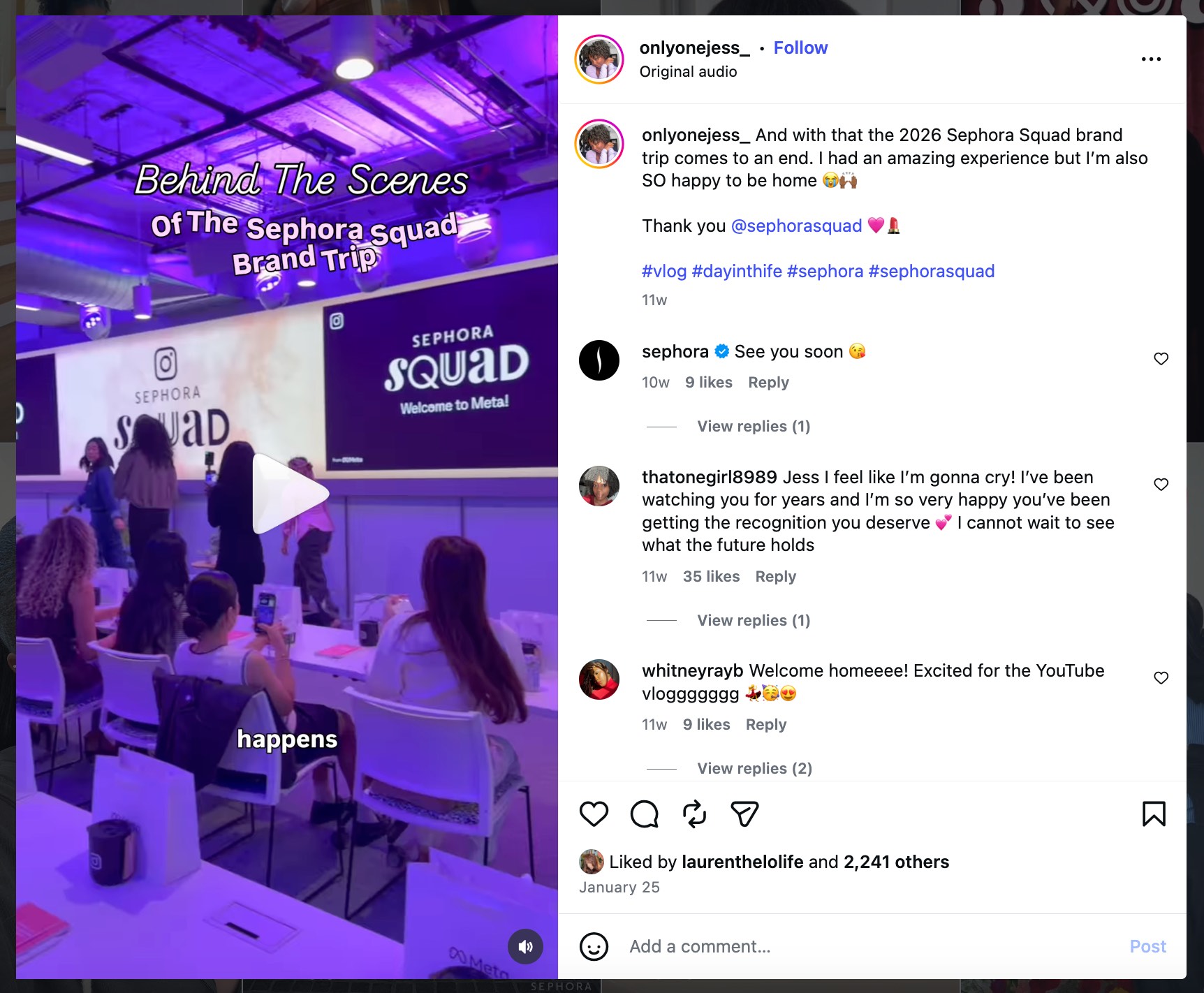 Behind-the-scenes Instagram reel from Sephora Squad ambassador @onlyonejess_ recapping the 2026 brand trip, showing the Sephora Squad event space and receiving a comment from Sephora's official account
