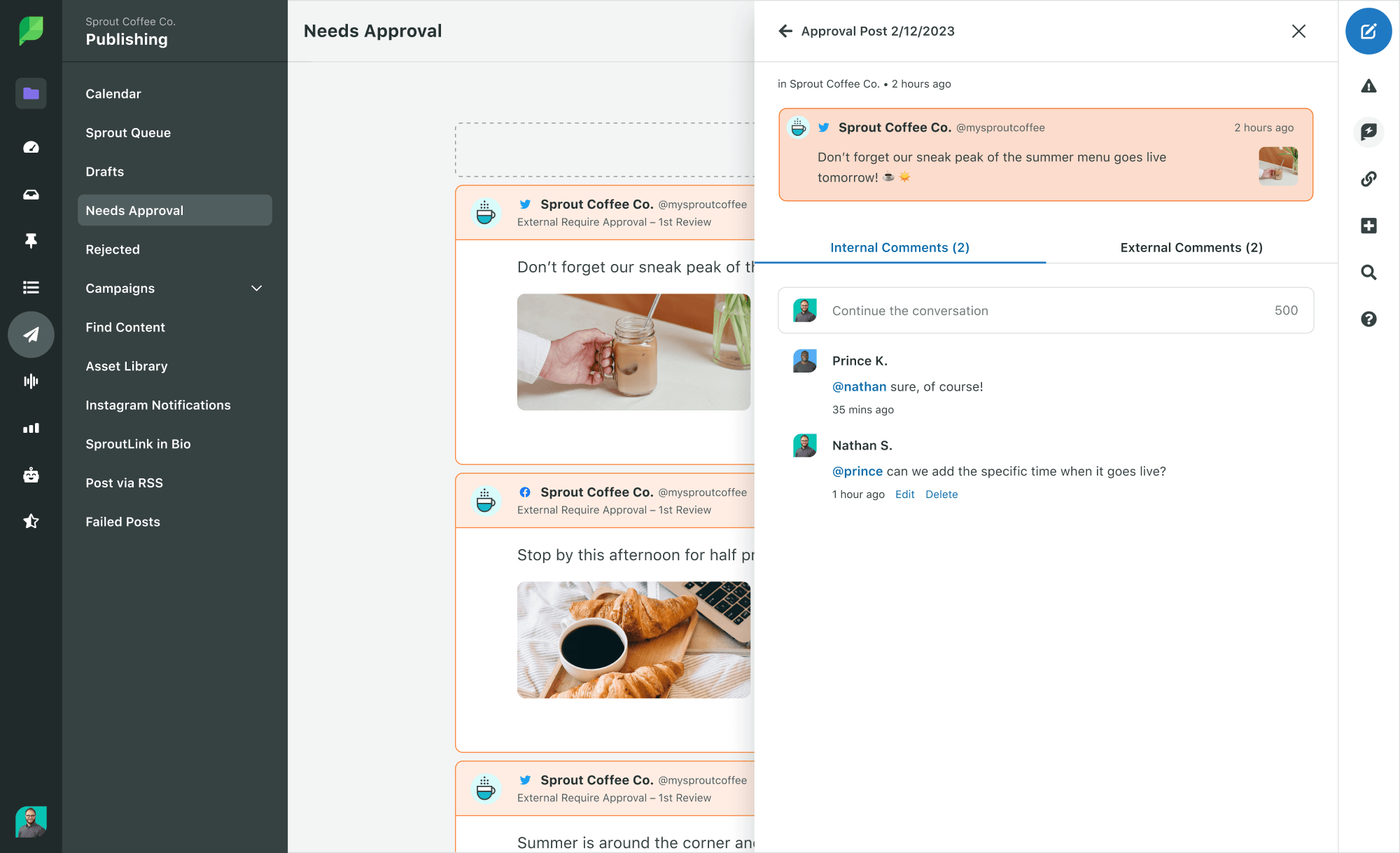 Sprout supports content approval workflows