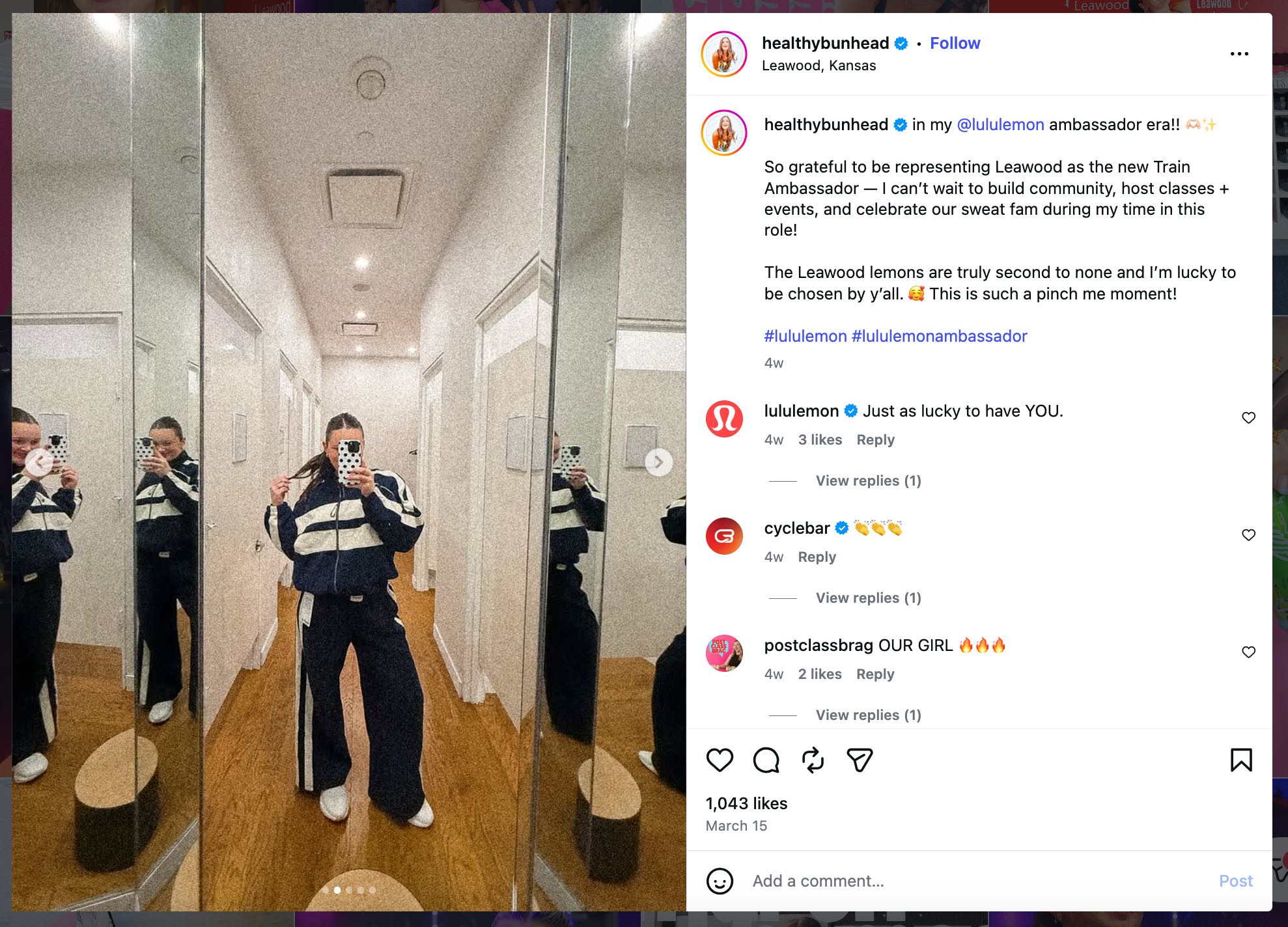 Fitness creator Jordan Reichert (@healthybunhead) shares an Instagram post celebrating her new long-term influencer partnership with Lululemon, with a comment from the official Lululemon account
