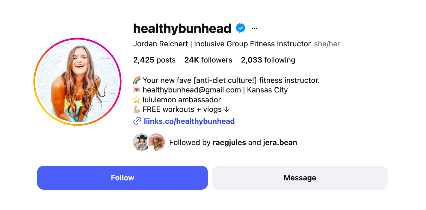 Fitness creator Jordan Reichert (@healthybunhead)'s Instagram bio 