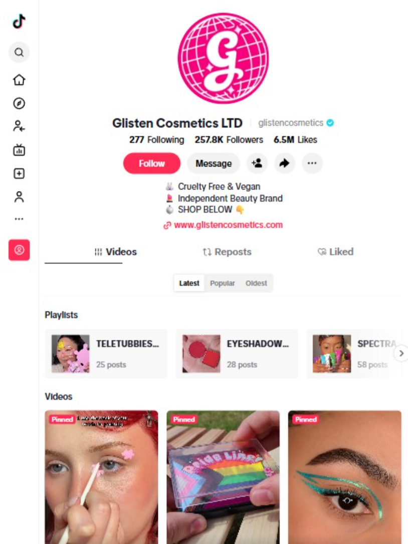 Glisten Cosmetics TikTok profile page showcasing colorful eyeliner tutorials and cruelty-free vegan beauty products.