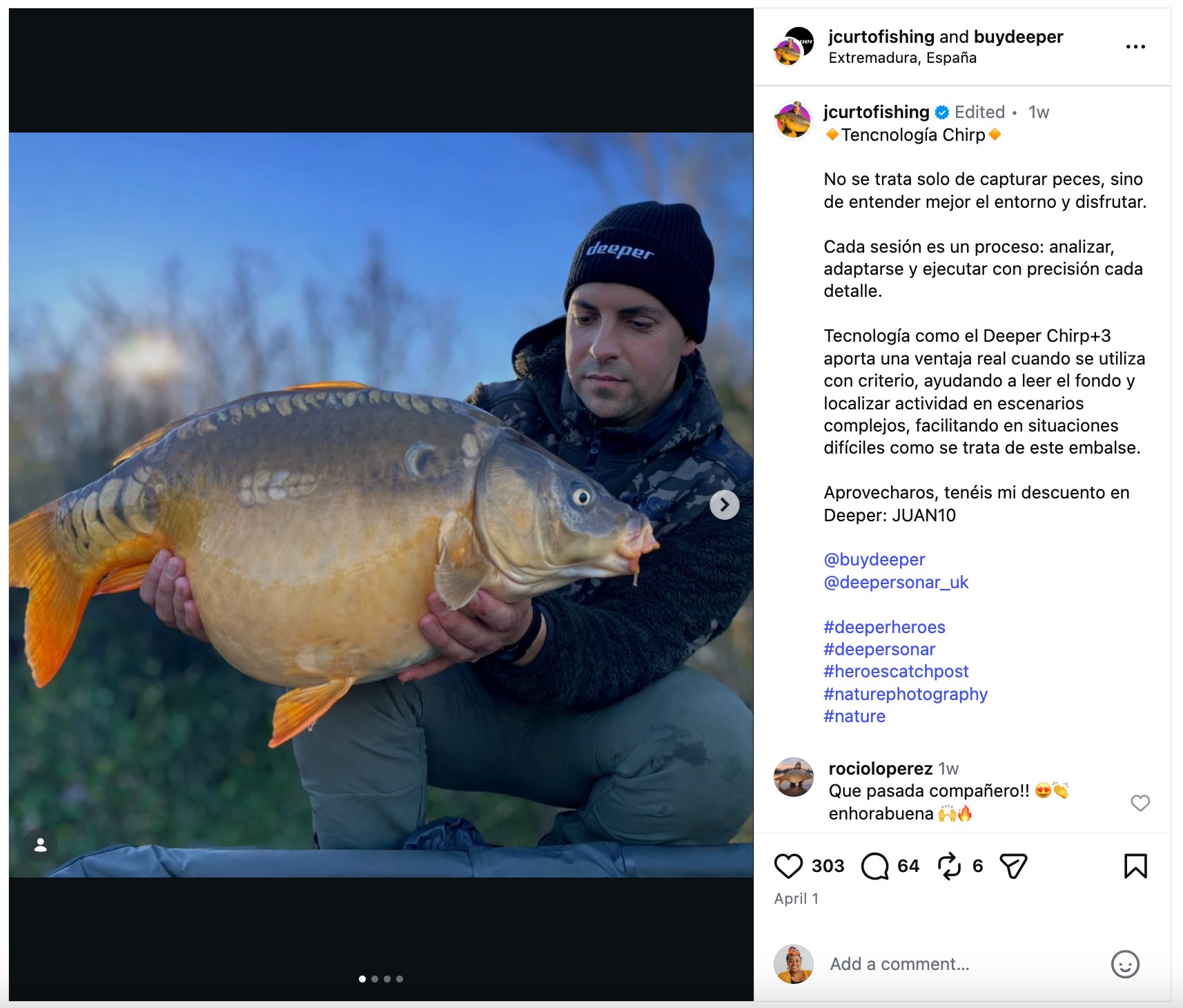 Instagram post from @jcurtofishing who has a long-term influencer partnership with Deeper Sonars. The post shows a carp catch in Extremadura, Spain, with a caption discussing how the Deeper Chirp+3 sonar helped locate fish