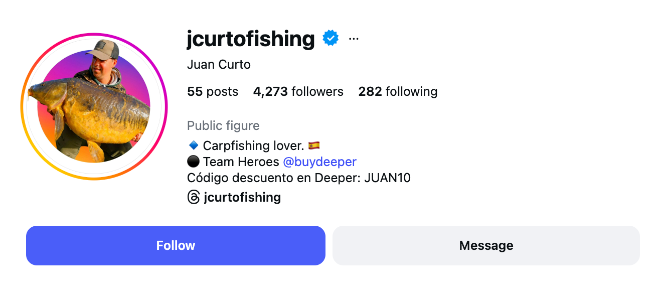 Instagram profile of carp fishing creator Juan Curto (@jcurtofishing), showing Deeper Sonars listed in his bio as "Team Heroes @buydeeper" alongside his personal discount code