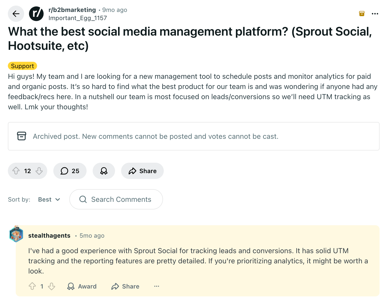 A Reddit post about social media management tools