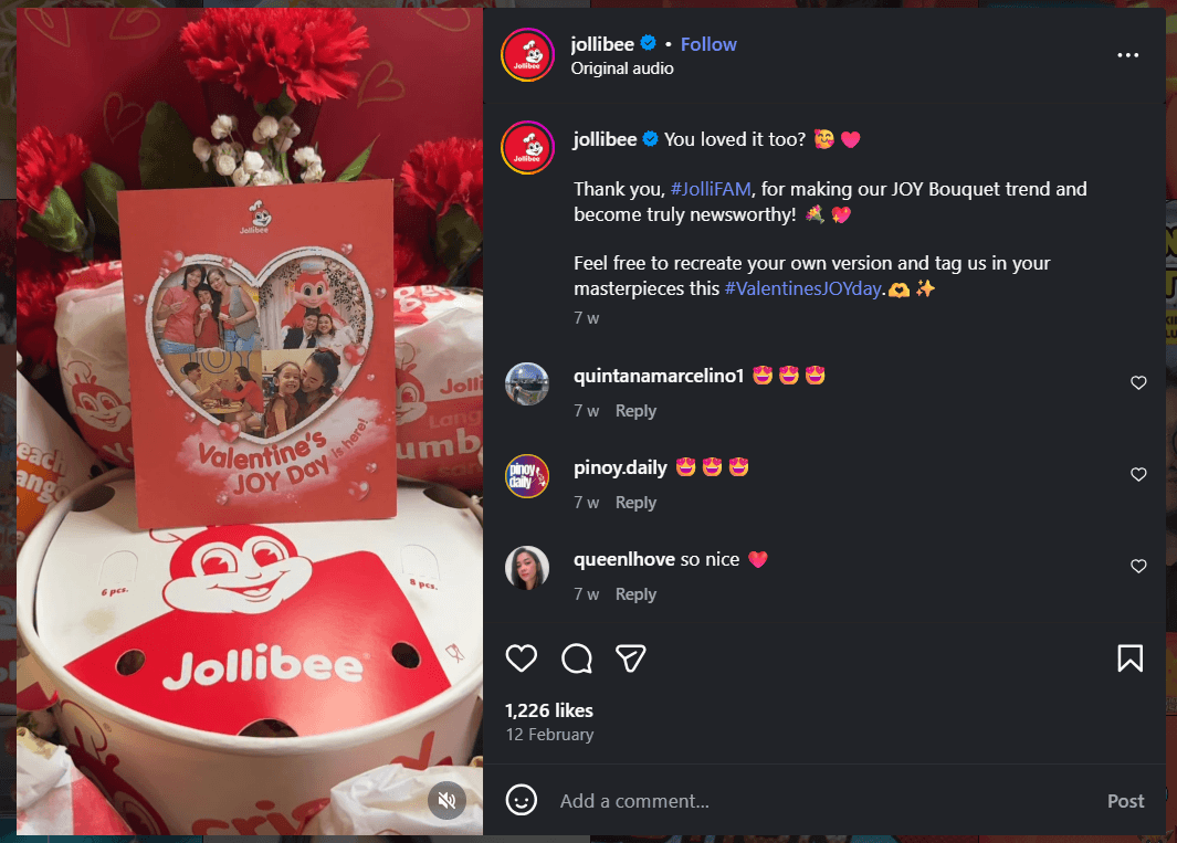 Jollibee’s Valentine's Day Instagram content 