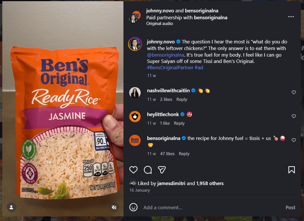 Instagram collaboration between Johnny.novo and Ben’s Original Rice