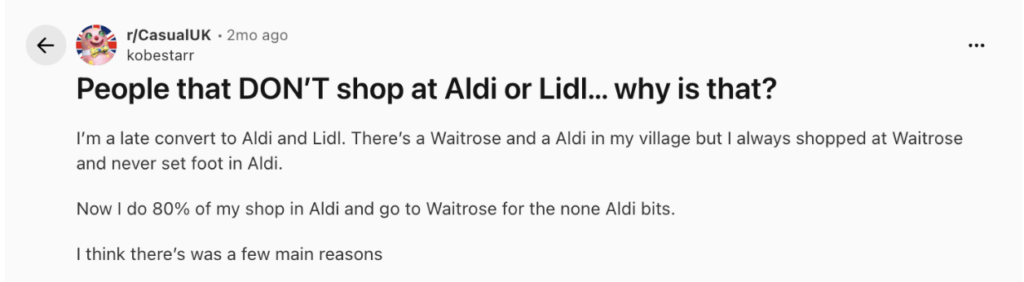 A Reddit thread asking why people were in shopping at Aldi or Lidi
