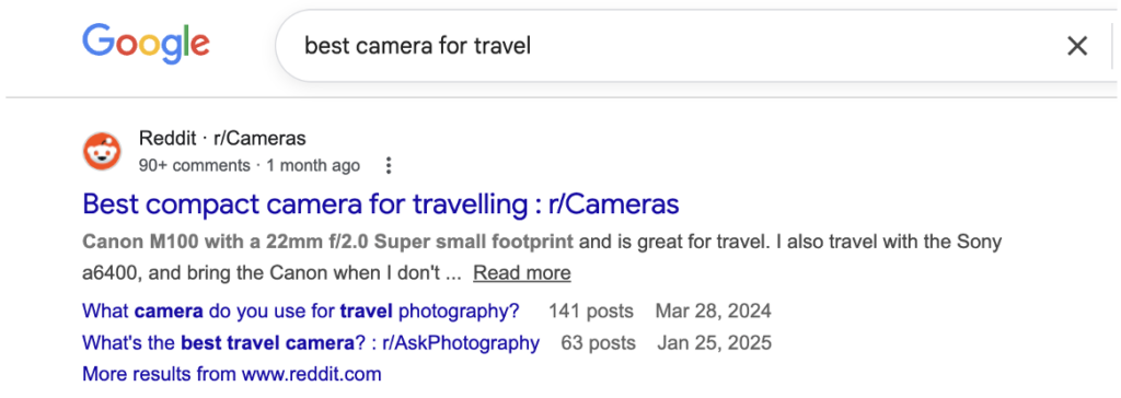 Reddit thread on Camera ranking in Google search.