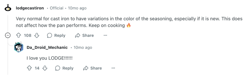 Lodge Cast Iron's subreddit where the brand engages with community members.