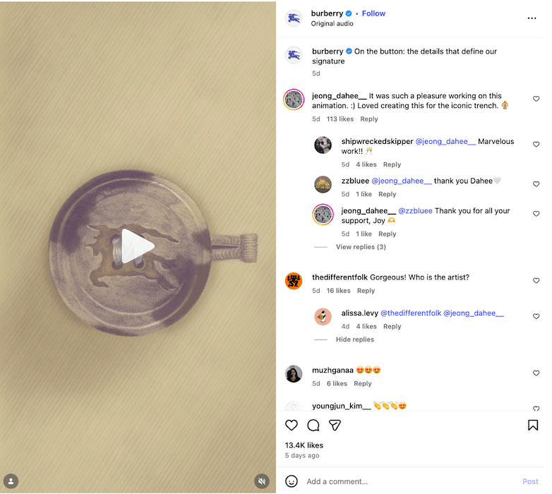 Burberry’s post featuring an animation by artist Jeong Dahee detailing their iconic trench coat with the caption “On the button: the details that define our signature” .