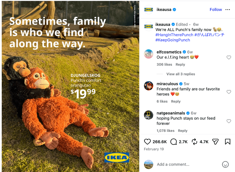 Instagram post from IKEA’s Punch the Monkey series that was a viral success, blending humor, cultural relevance and emotional pull.