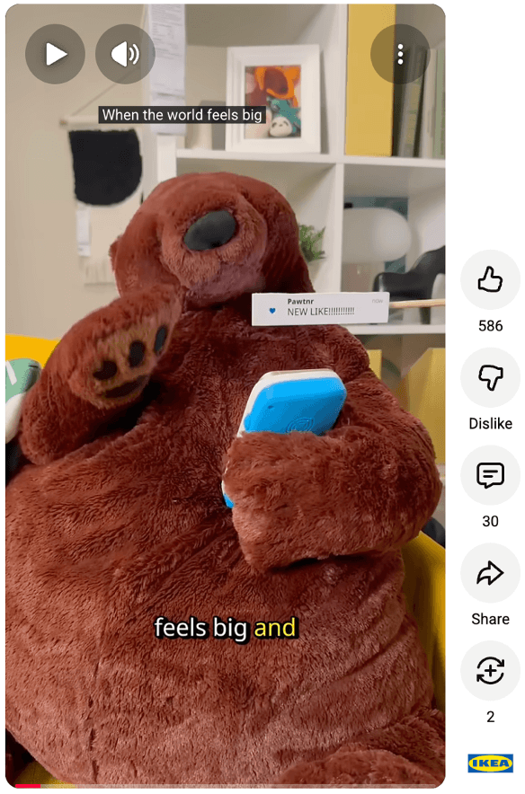 YouTube short from IKEA UK’s Life in Stitches series. The series functions as a mini sitcom, featuring IKEA plush toys as recurring characters navigating everyday life moments like dating, friendships and awkward social situations. 