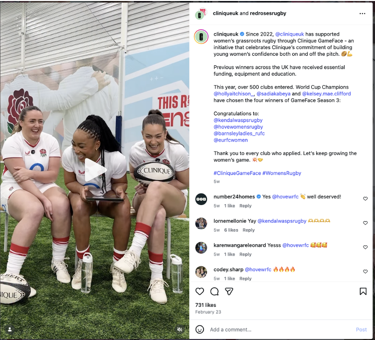 Instagram post from Clinique's GameFace initiative showcasing UK's women Rugby Team, RedRosesRugby.