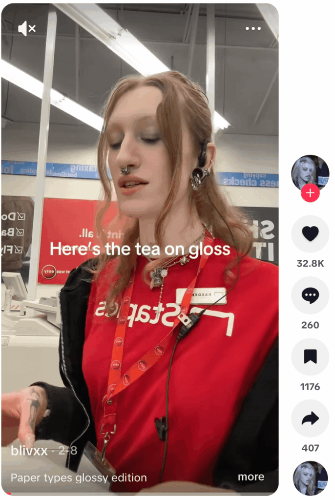 Day in a life TikTok post from the StapleBaddie account. The account shares day-in-the-life videos that stories resonate with audiences that want to hear from real people, not polished spokespeople.