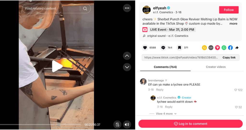 TikTok video from E.l.f Cosmetics featuring glassblowing artist @courtneykinnare to announce the launch of their Sherbet Punch Glow Reviver Melting Lip Balm on TikTok Shop. The video seamlessly tyies the story to a shoppable moment that drives conversion.
