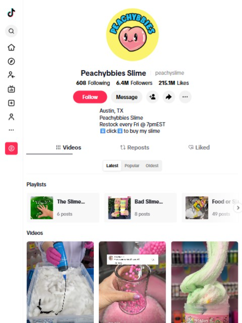 Peachybbies Slime TikTok profile highlighting satisfying slime mixing videos, colorful textures, and weekly shop restock announcements.