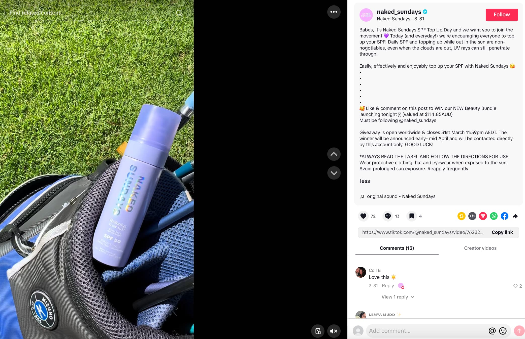TikTok post by Naked Sundays showing a container of sunscreen laid on top of a bag with a descriptive caption that includes keywords