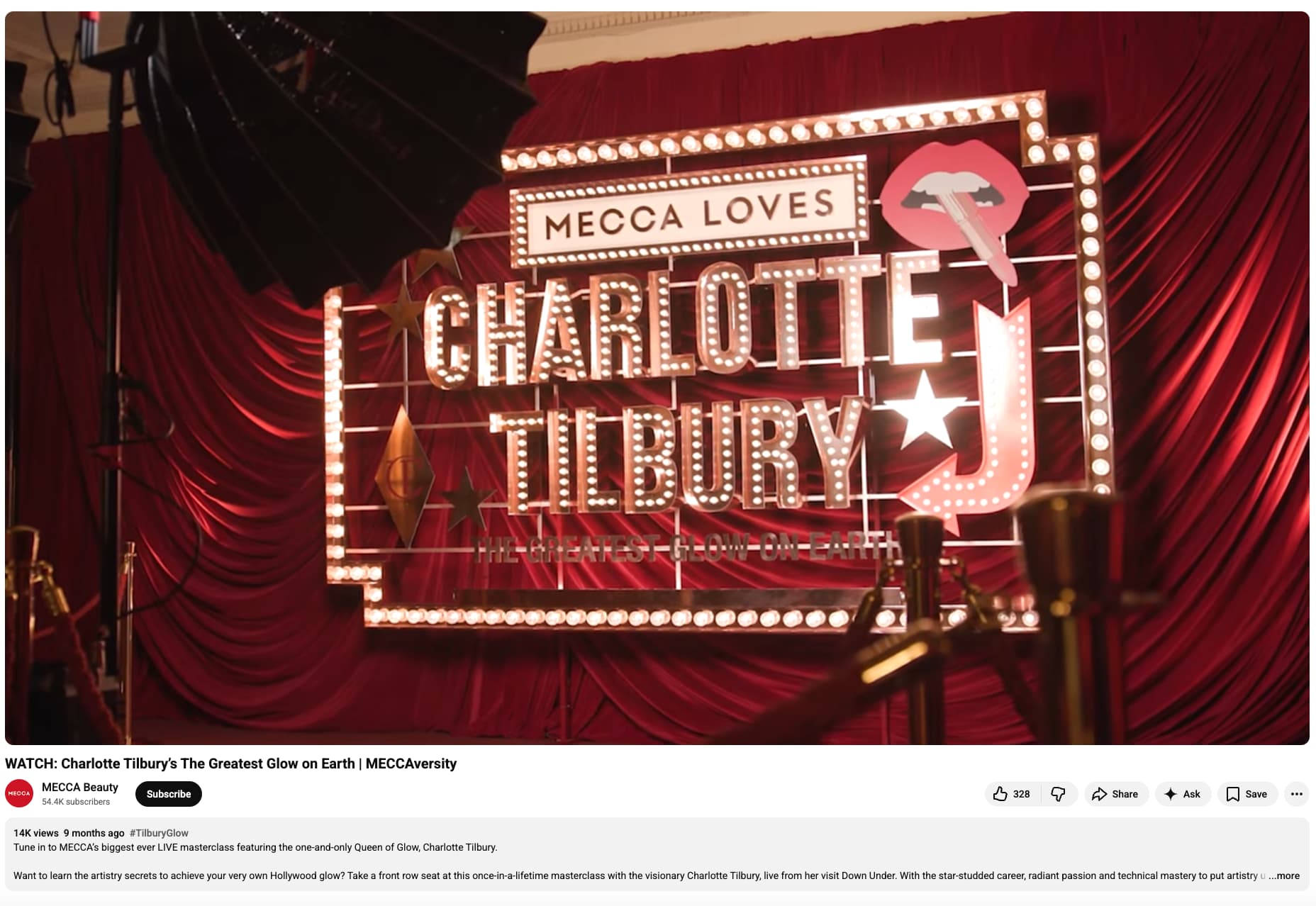 YouTube video by MECCA beauty showing a banner that says "Mecca Loves Charlotte Tilbury"