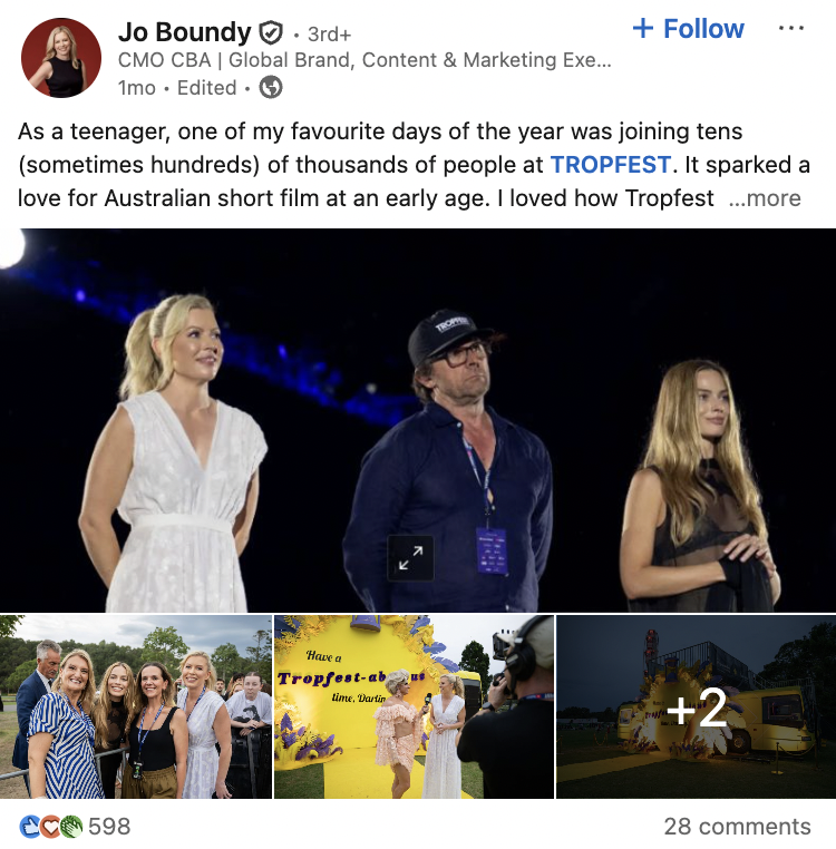 LinkedIn post by Jo Boundy featuring images from TROPFEST and a caption sharing a personal story