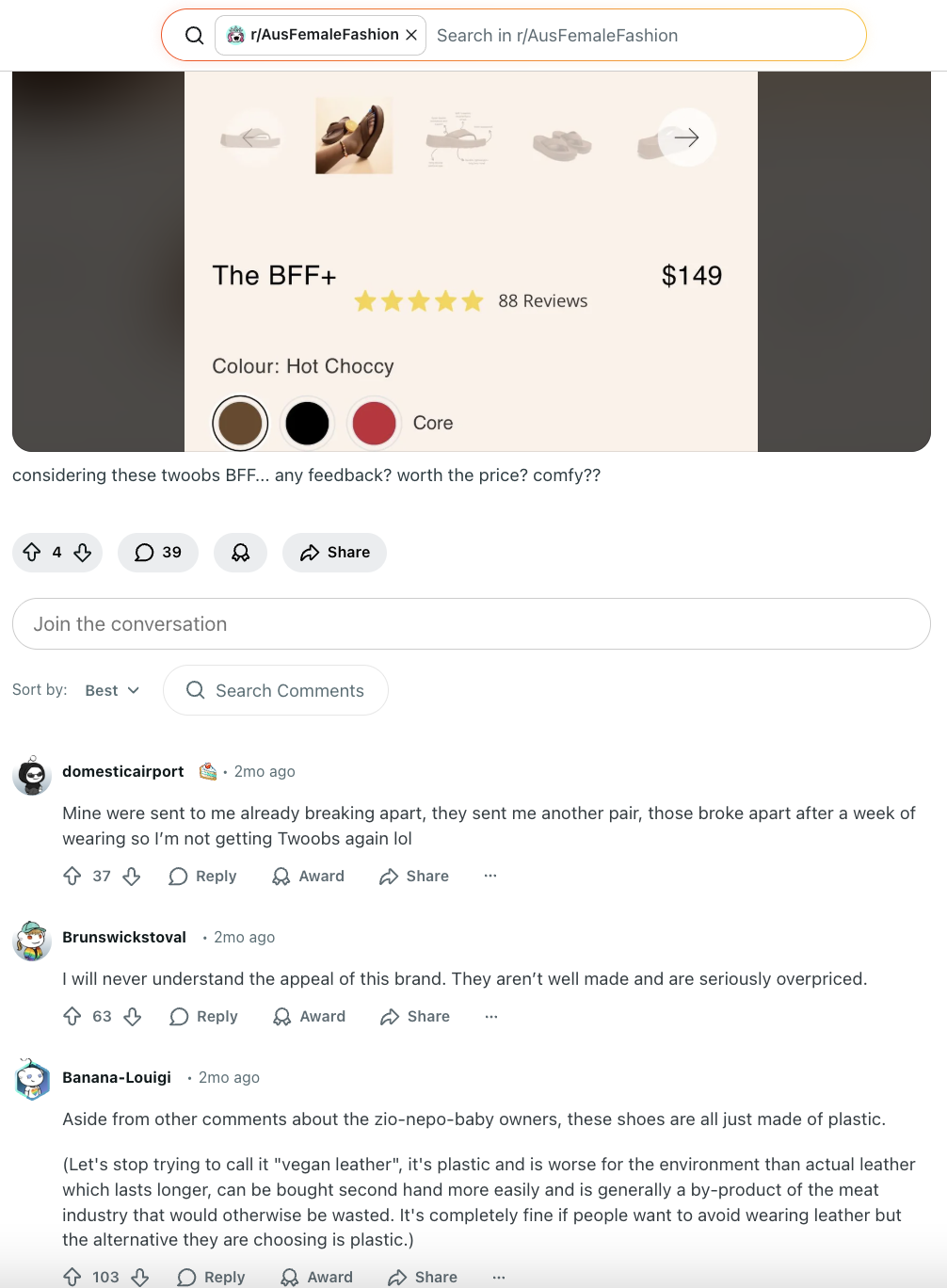 Reddit post on the subreddit AusFemaleFashion where a user asks to review a brand and other users share honest and negative feedback