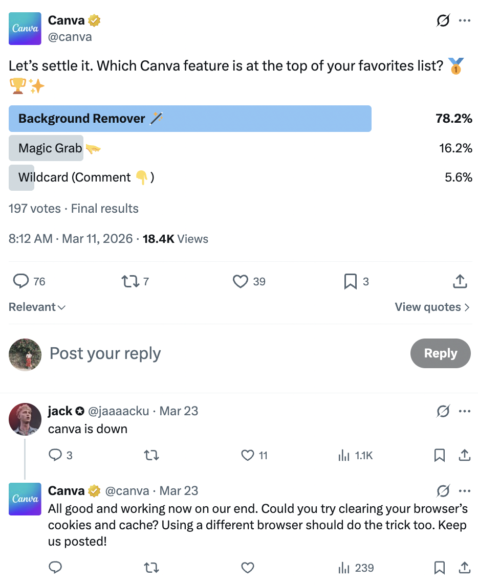 X post by Canva where the company asks users to vote their favorite Canva feature