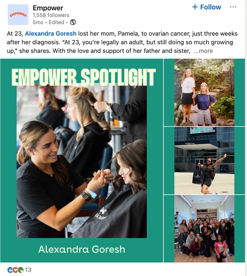 LinkedIn post by Empower featuring a collage of someone who's part of the community, with the largest picture showing her doing someone's hair and a text overlay that reads "Empower Spotlight"