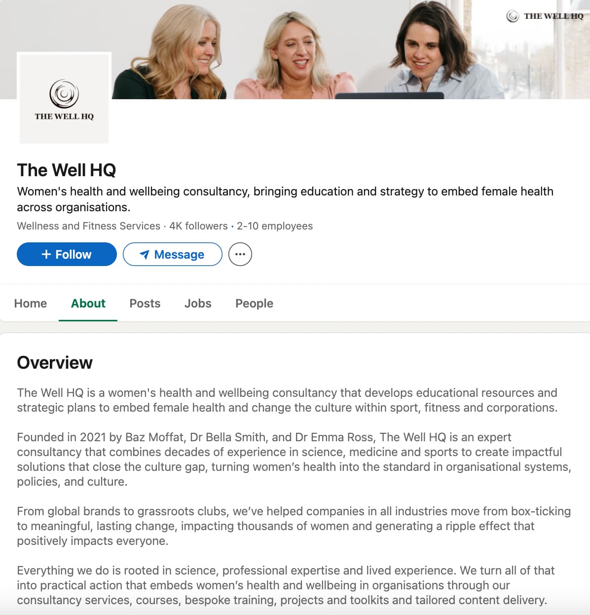 LinkedIn Page of The Well HQ featuring a banner photo of three women looking at something together and a Page Overview section with a detailed description of the business